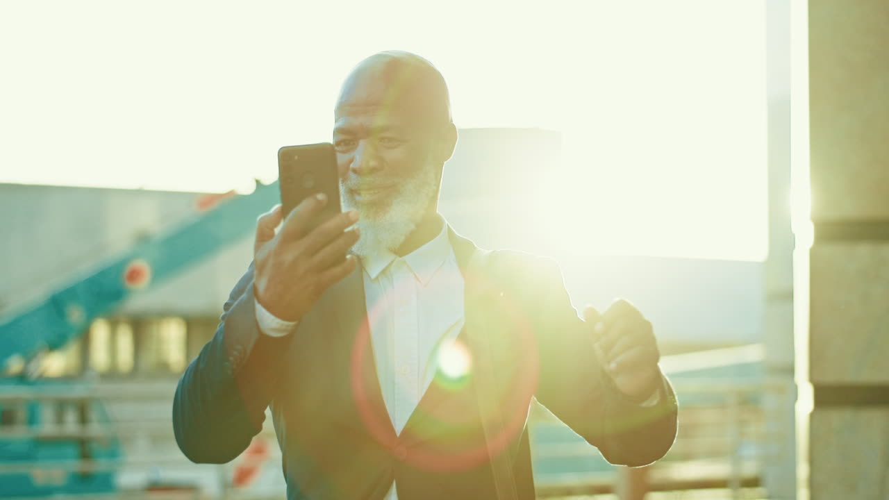 Phone, news and senior business man in a city jump