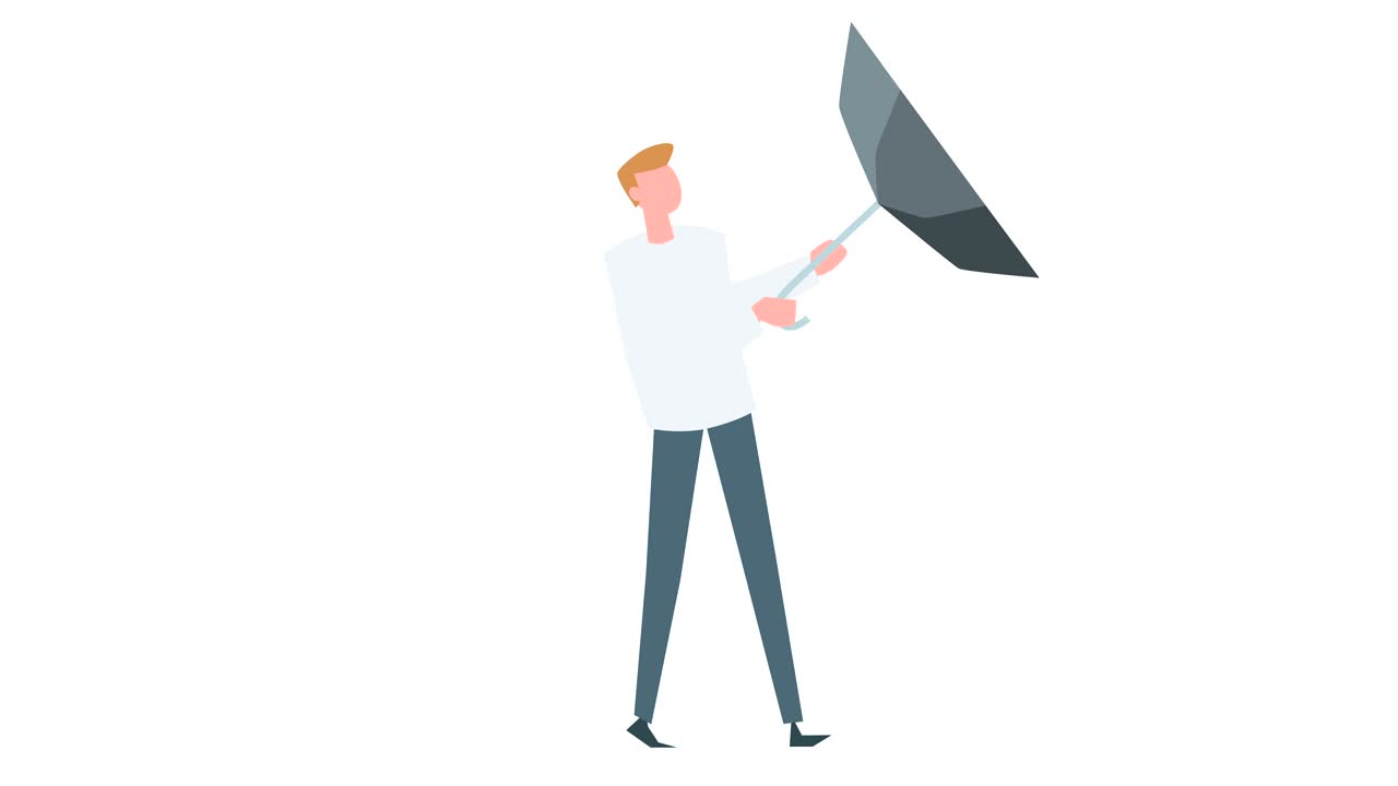 평평한 만화, 다채로운 남자 캐릭터 애니메이션, 우산과 함께 남성 기 자전거, 나쁜 날씨 상황