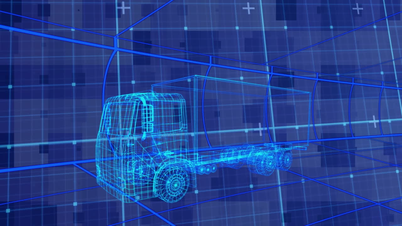 그리드 위에서 운전하는 3d 자동차 드로잉의 애니메이션