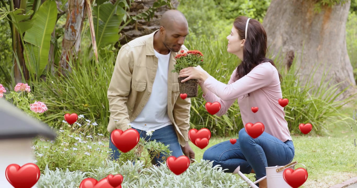 Uomo che estirpa erbacce dal giardino, annusando fiori rossi offerti dal partner per la piantumazione, mentre cuori fluttuano