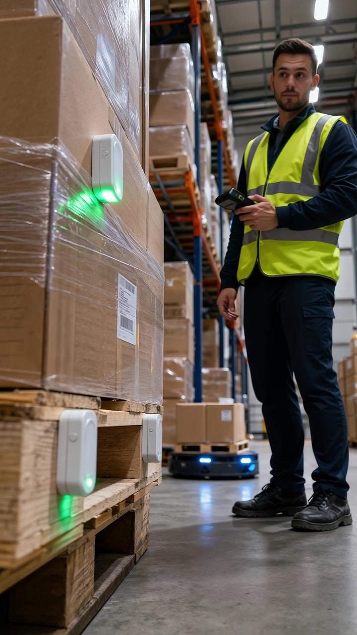 Trabajador de almacén con un chaleco de alta visibilidad escaneando cajas con un dispositivo de mano y un robot automatizado.