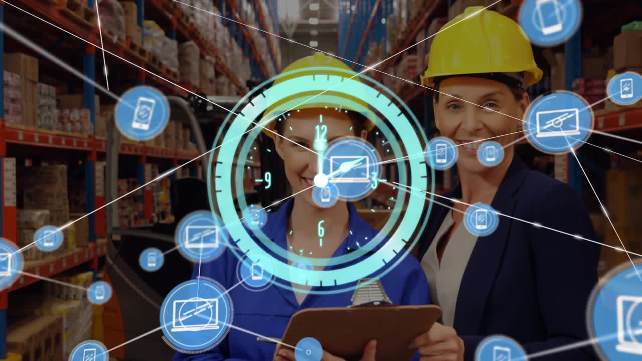 animación de la red de conexiones con iconos sobre dos trabajadores de almacén diversos