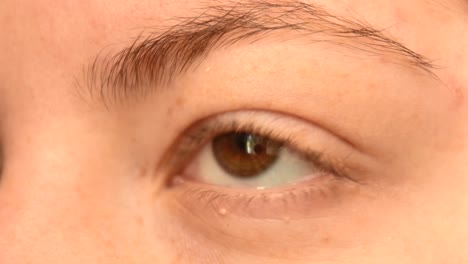 Close-up-of-a-young-redhead-female's-light-brown-eye,-with-freckles,-looking-away,-with-no-make-up-on