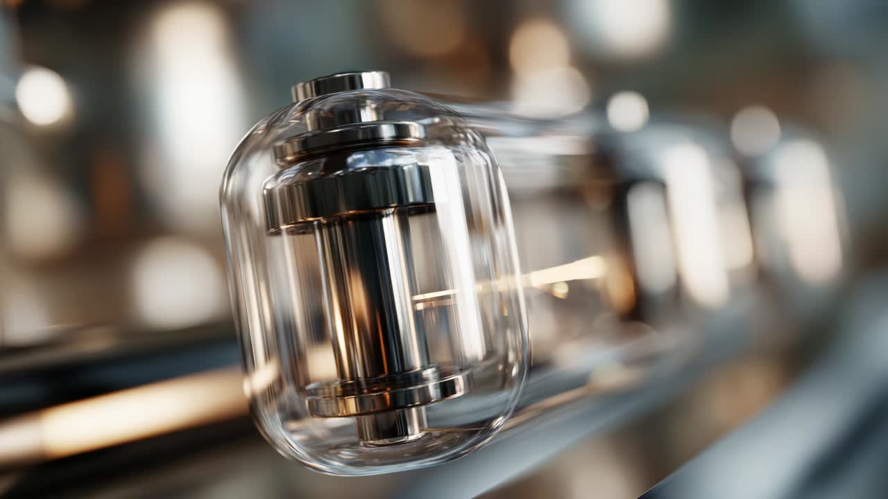 Close-up of a transparent glass tube containing a metallic core, showcasing intricate details of a modern mechanical component used in various industrial applications and machinery with reflections visible