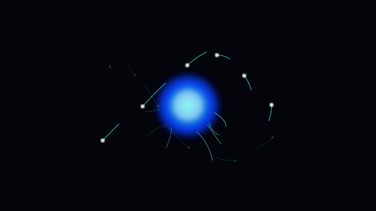 Abstract Animation of Glowing Blue Core with Orbiting Particles