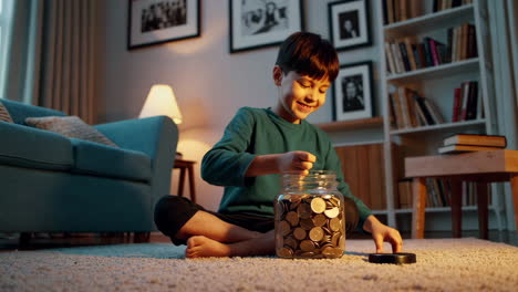 young boy saving coins in a jar at home