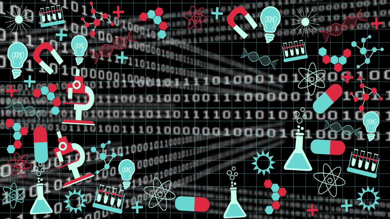código binario y iconas científicas animación sobre fondo negro con patrón de cuadrícula