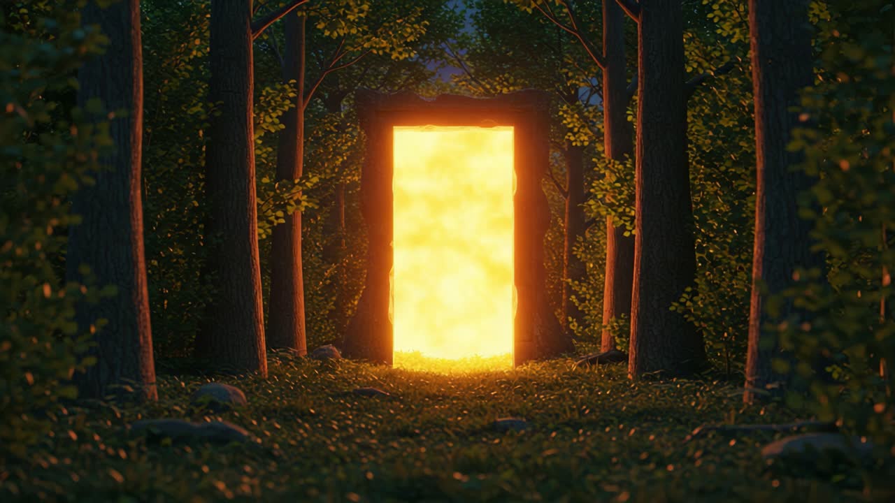 A Mysterious Golden Portal Emerges Amidst a Dark Forest, Illuminating the Surrounding Trees and Ground with a Enigmatic Glow, Inviting Exploration and Discovery