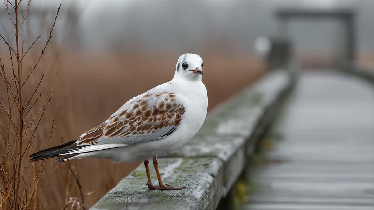 A Captivating Seagull Perched on a Timid Boardwalk, Surrounded by the Serene Beauty of Nature in a Misty Landscape Captured in Two Frames