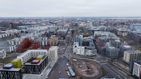 aerial view backwards over the cityscape of jatkasaari, cloudy day in helsinki