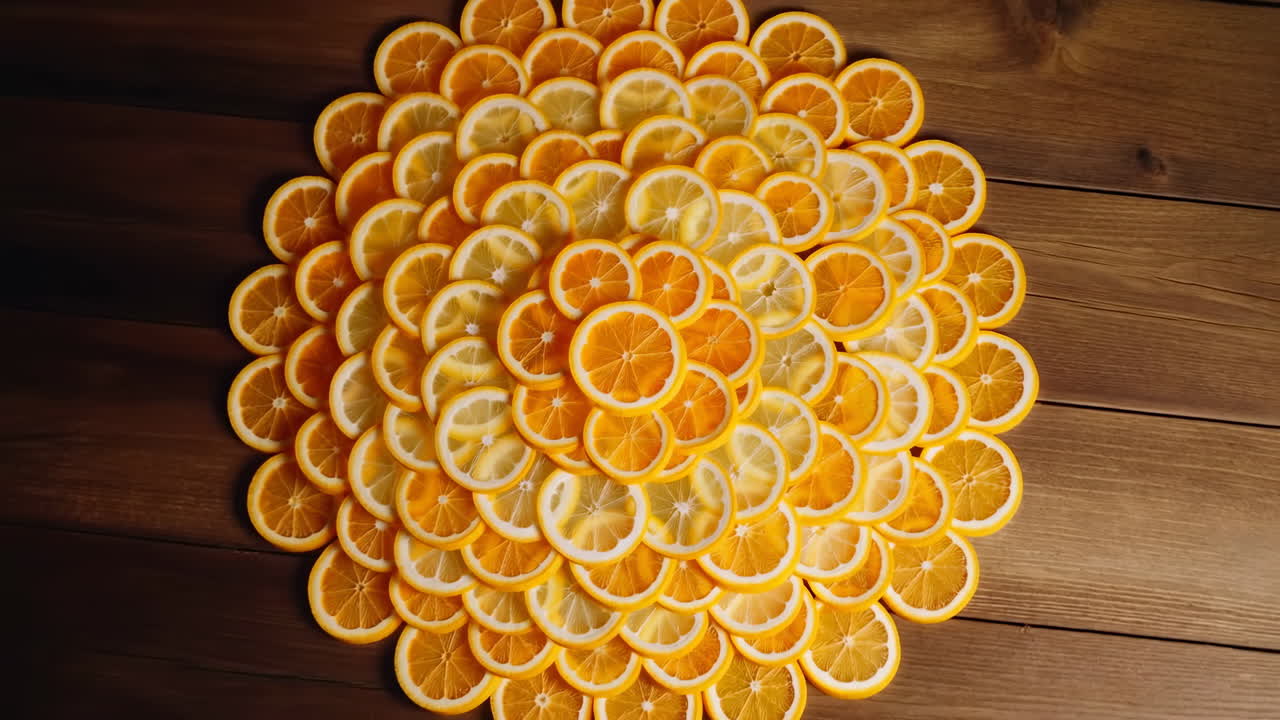 Mandala di agrumi visto dall'alto su un tavolo di legno, con vivaci fette di arancia e limone disposte in un motivo concentrico.