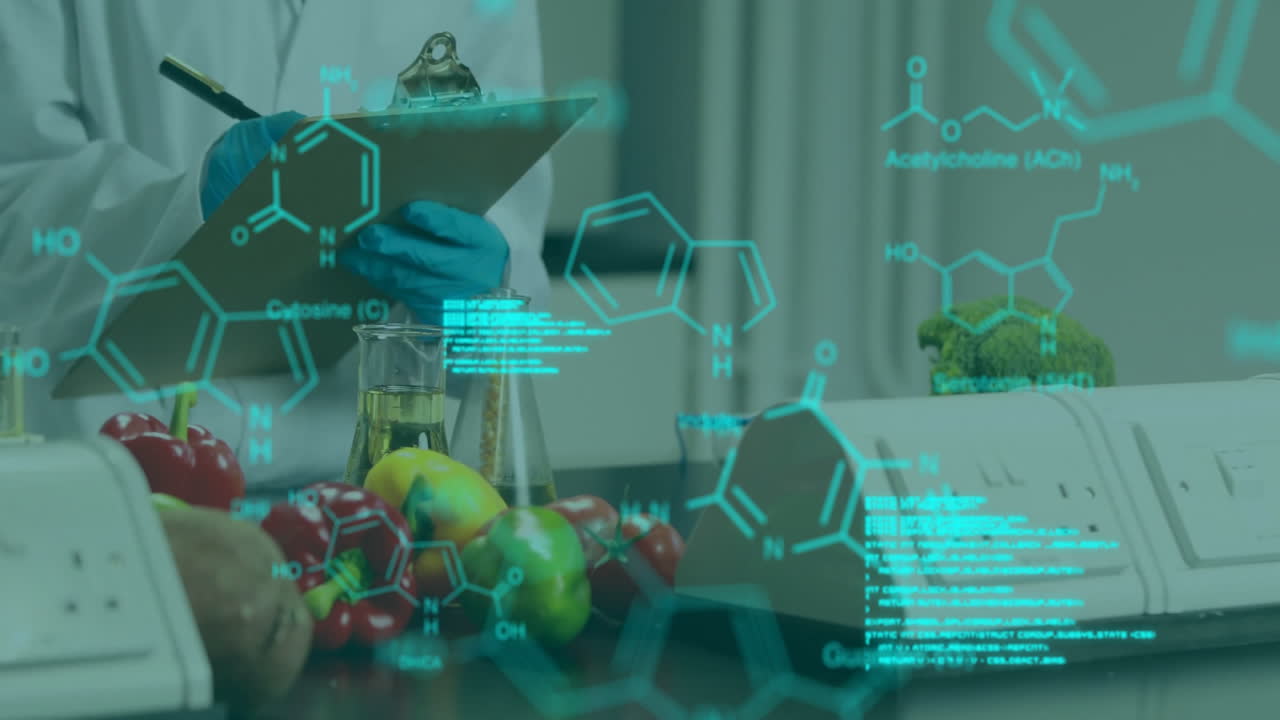 Animation of data processing and chemical formula over scientist writing on clipboard in lab