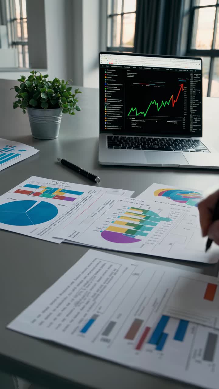 High-angle shot of a desk with financial charts, a laptop displaying stock data, and a hand writing