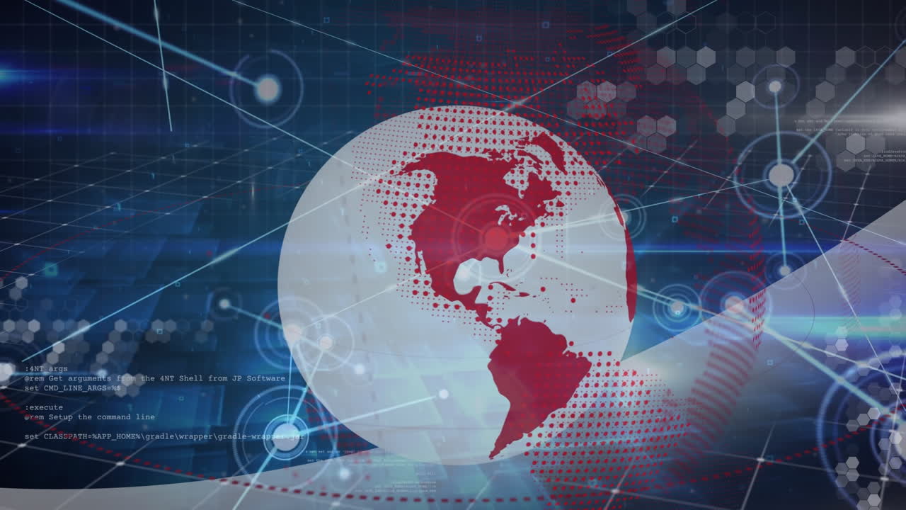 Animation of network of connections over spinning globe and data processing on blue background