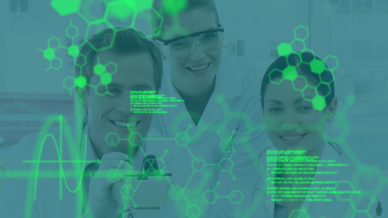 animación del procesamiento de datos científicos sobre diversas mujeres y hombres médicos