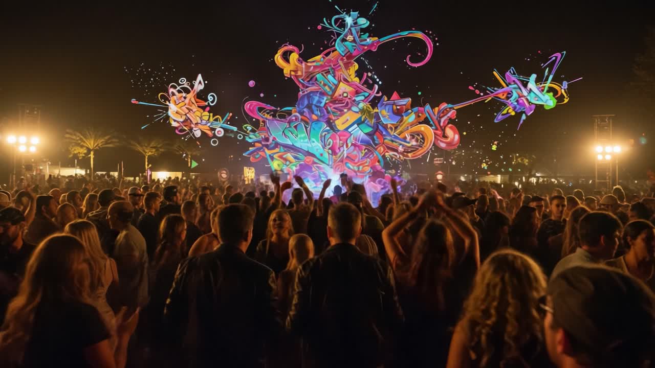 Vibrant Night Festival: A Dazzling Display of Colorful Light Installations Captivating a Thrilled Crowd Under the Starry Sky