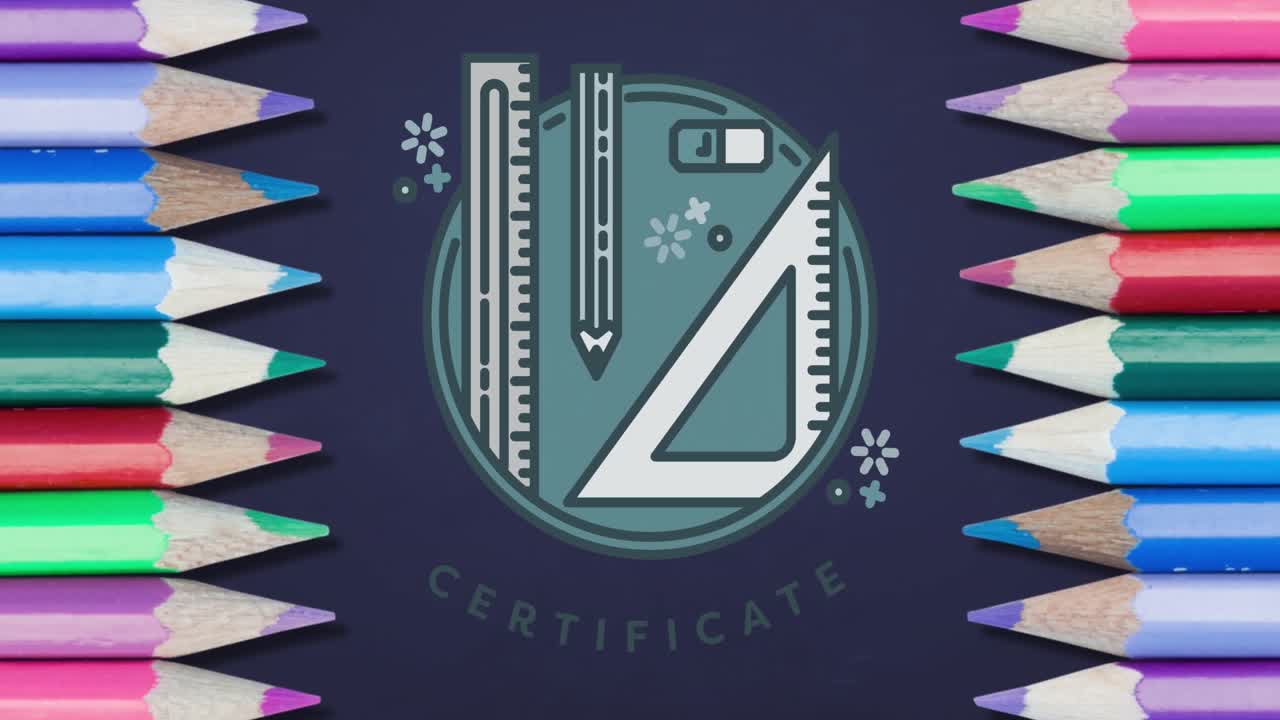 animación del texto del certificado sobre artículos escolares y lápices de colores