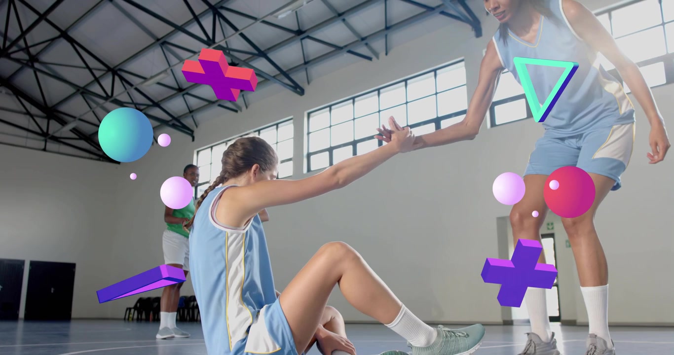Sitting player grasping teammate's hand pulling upward for basketball training with digital shapes
