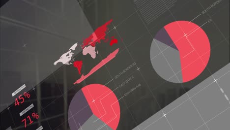animación de la interfaz infográfica multicolor sobre el paisaje urbano moderno contra el cielo