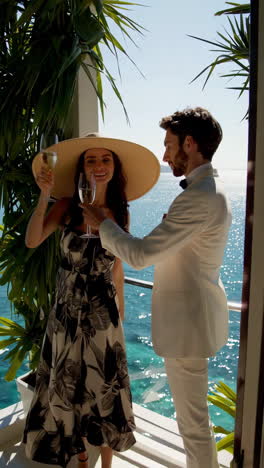 couple enjoying champagne on a balcony with a stunning ocean view
