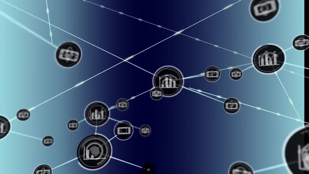 animación de una red de iconos digitales contra un fondo de gradiente azul.