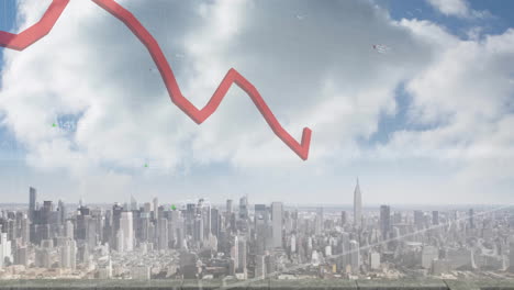 animation of red line and financial data processing over buildings