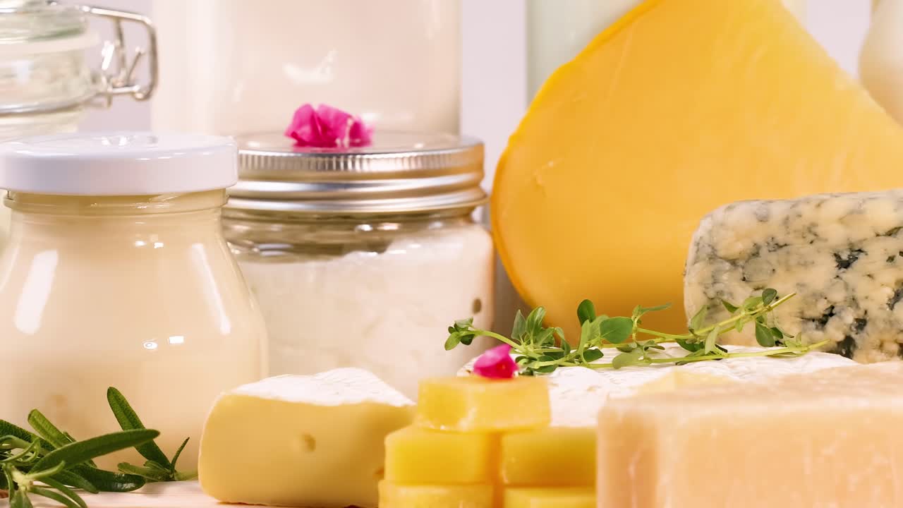 A selection of cheeses and dairy products arranged with herbs on a wooden surface.