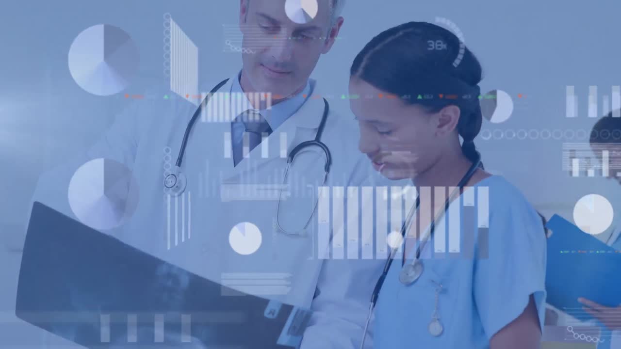 animación de escaneo de alcance y procesamiento de datos sobre diversos médicos