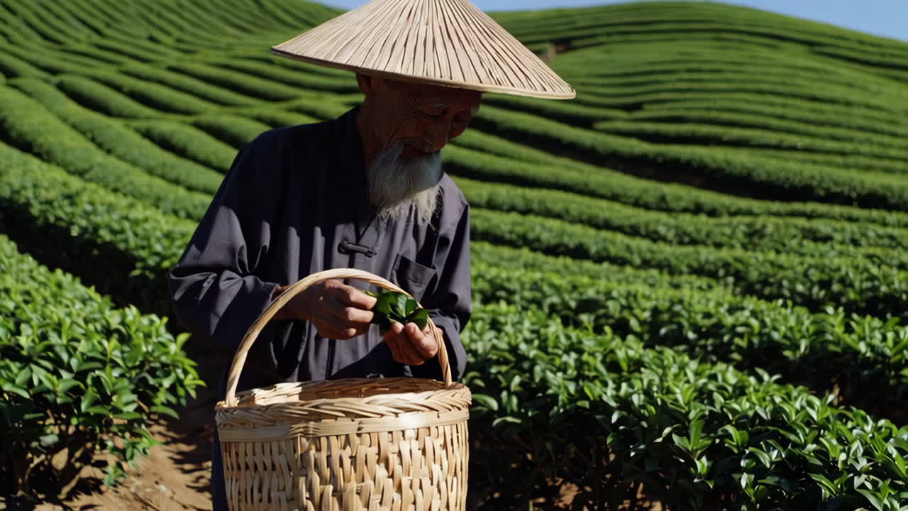 Elderly Tea Farmer Harvesting Tea Leaves in a Lush Tea Plantation