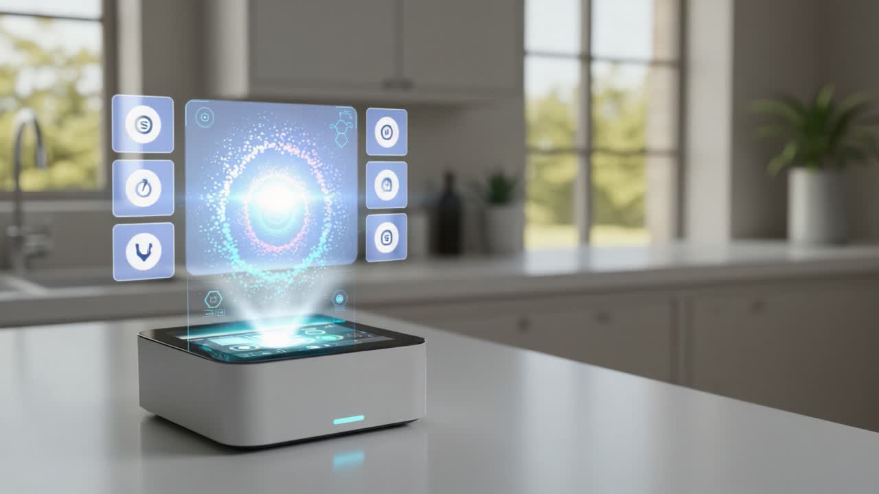 A Futuristic Device Projecting Holographic Visualizations of Interactive Data in a Modern Kitchen Setting with Abundant Natural Light