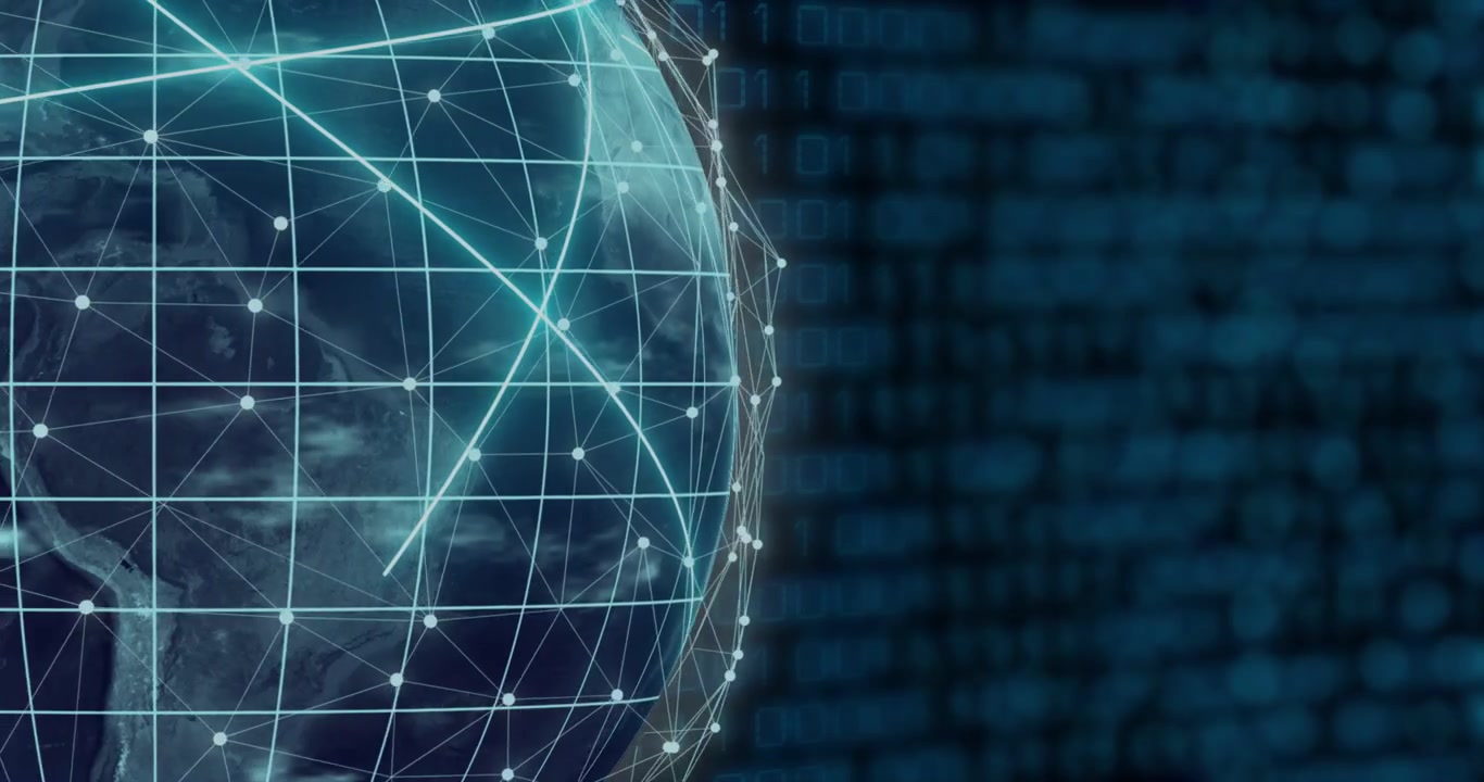 On play 3D globe rotating, grid shifting, nodes pulsing, arcs sweeping to visualize network data