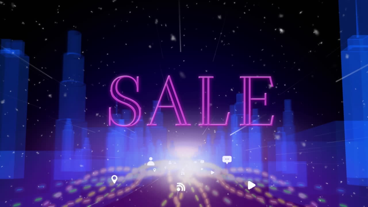 검은 바탕에 아이콘과 디지털 도시와 함께 눈 위에 판매 텍스트의 애니메이션