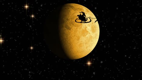 animation of santa claus in sleigh with reindeer over moon and snow falling