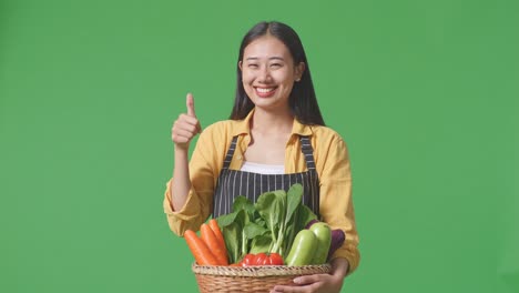 woman holding basket of fresh vegetables