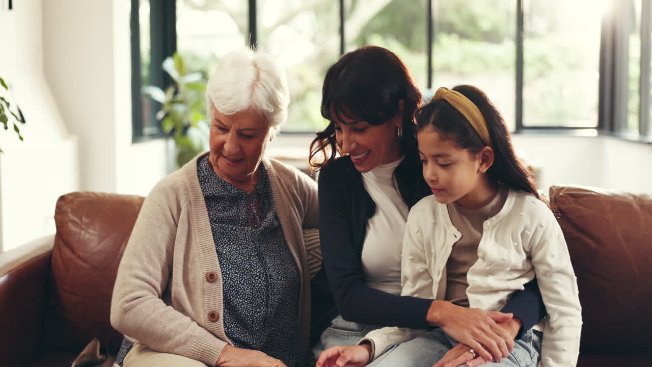 A heartwarming moment of family bonding across three generations with their beloved cat