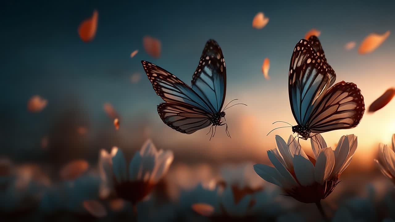 Due farfalle Monarca svolazzano tra i fiori al tramonto, catturando la bellezza della natura e la serenità del crepuscolo in un magico momento di vita.