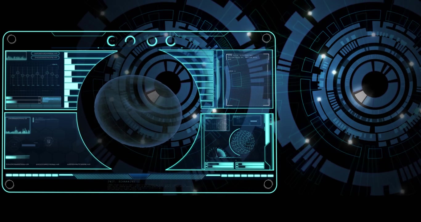 Animation of blood cell, loading bars, globe, graph over circles against black background