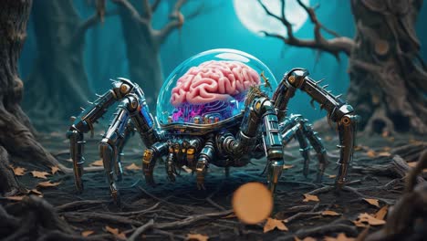robotic spider with brain in a dark forest