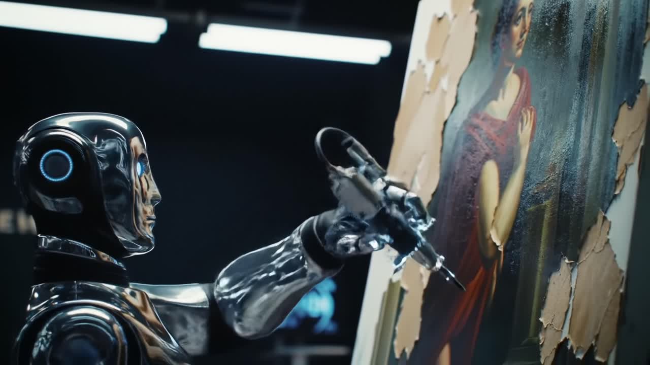 A Futuristic Robot Creating Art: A Stunning Depiction of a Metallic Machine Engaged in Painting a Masterpiece with Precision and Technology in Action