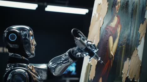 a futuristic robot creating art: a stunning depiction of a metallic machine engaged in painting a masterpiece with precision and technology in action