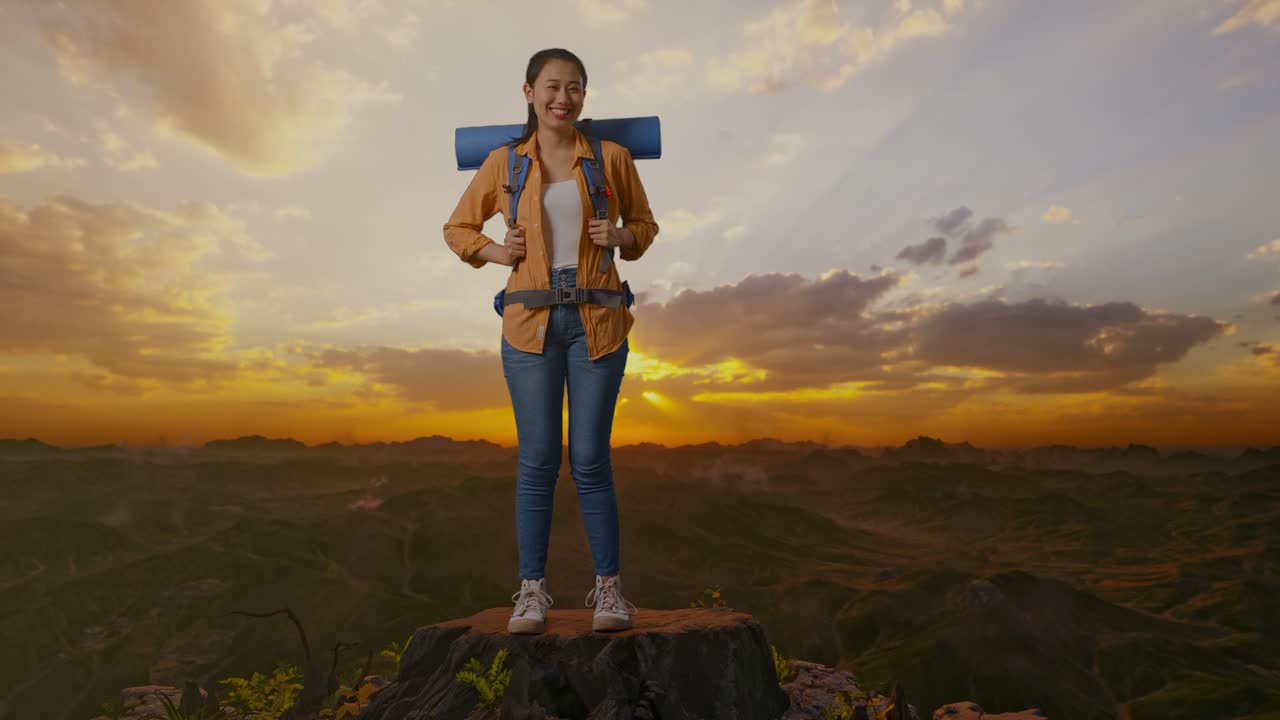 un excursionista feliz en la cima de la montaña al atardecer