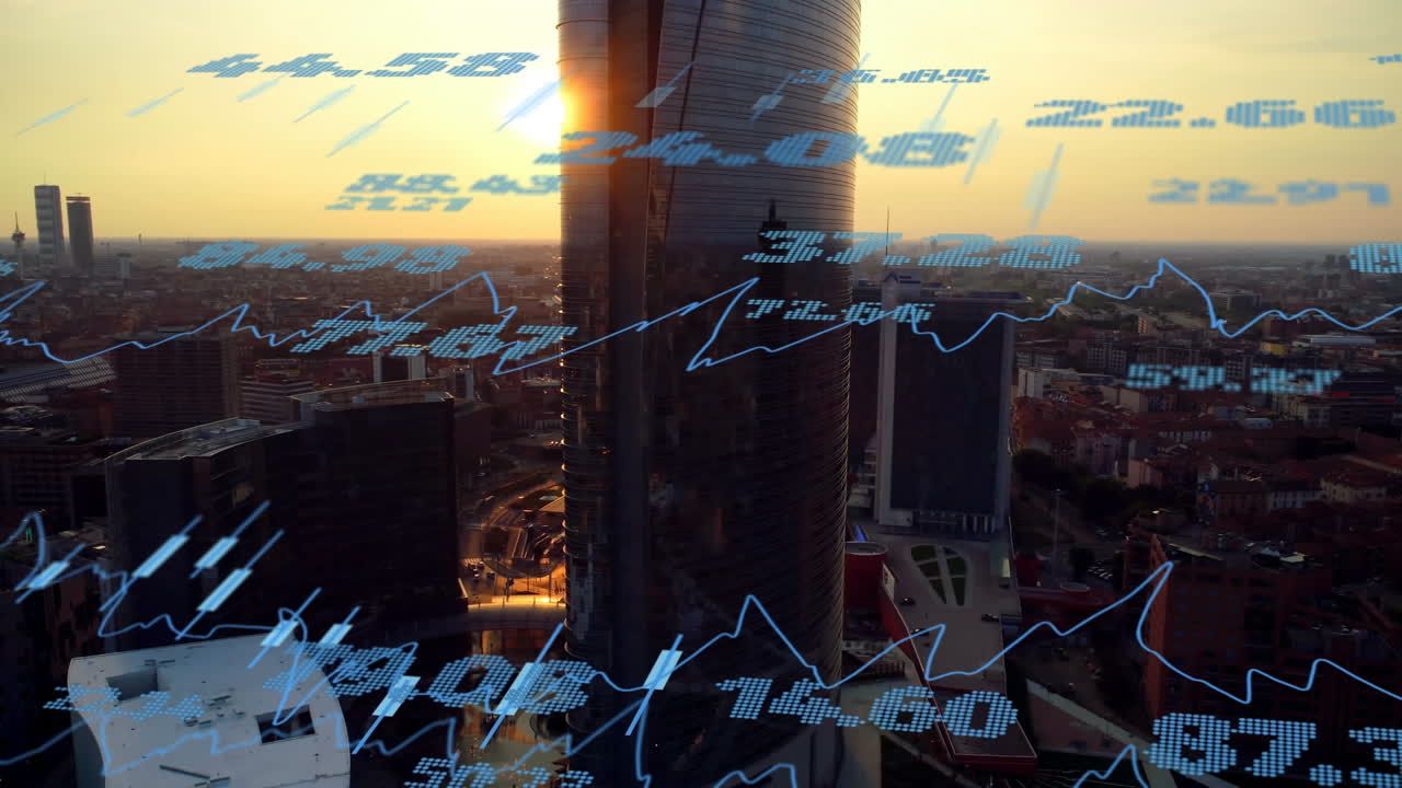 animación de múltiples gráficos con números cambiantes sobre una vista aérea de la ciudad moderna.