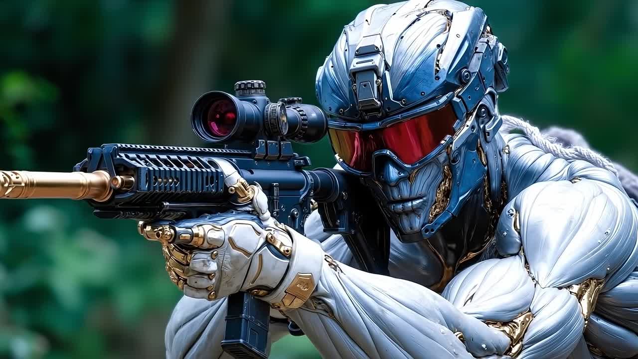 A man in armor holding a rifle with a red dot sight