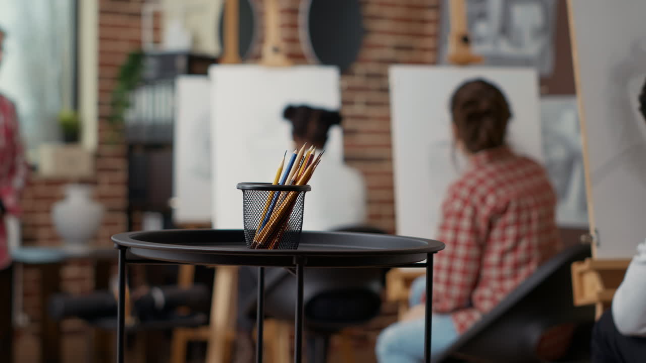 Artistic tools and pencils to create sketch design on canvas