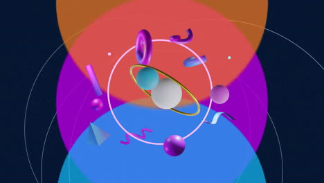animación de anillo de oro giratorio con formas 3d sobre círculos azules, naranjas y púrpuras en negro