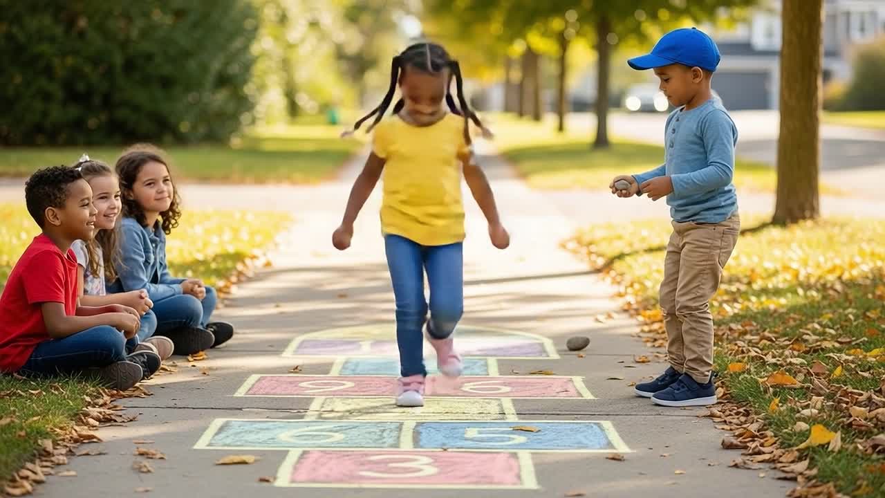 Joyful Children Playing Hopscotch in a Sunlit Park, Showcasing Friendship, Laughter, and the Simple Pleasures of Outdoor Fun and Imagination
