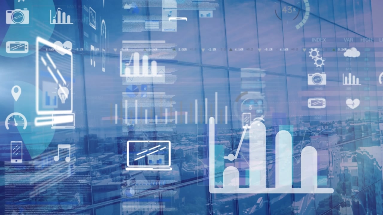 Animación de datos diversos sobre un distrito financiero de la ciudad.