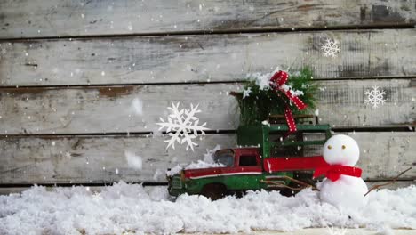 animation of christmas decoration with snowman and snow falling