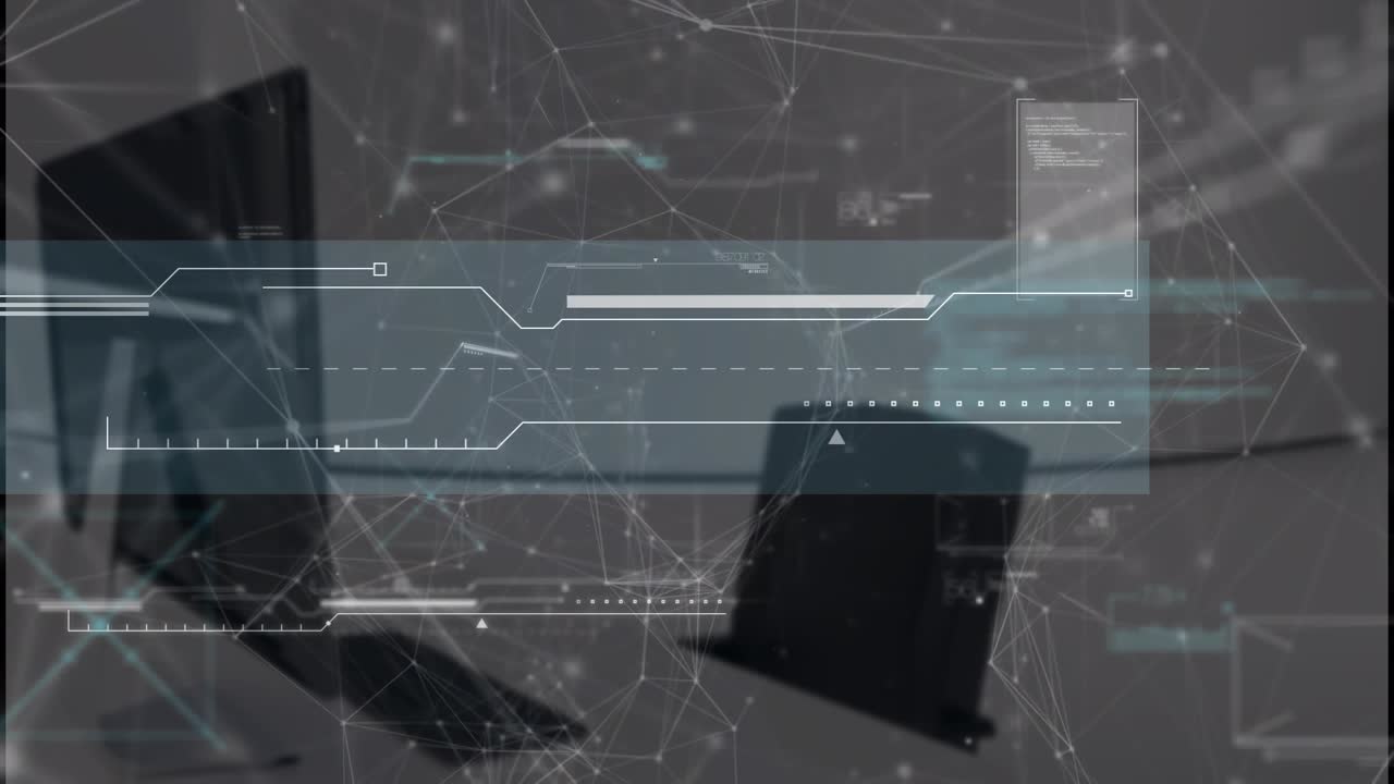 Animatie van netwerken van verbindingen over een hacker die een laptop gebruikt.