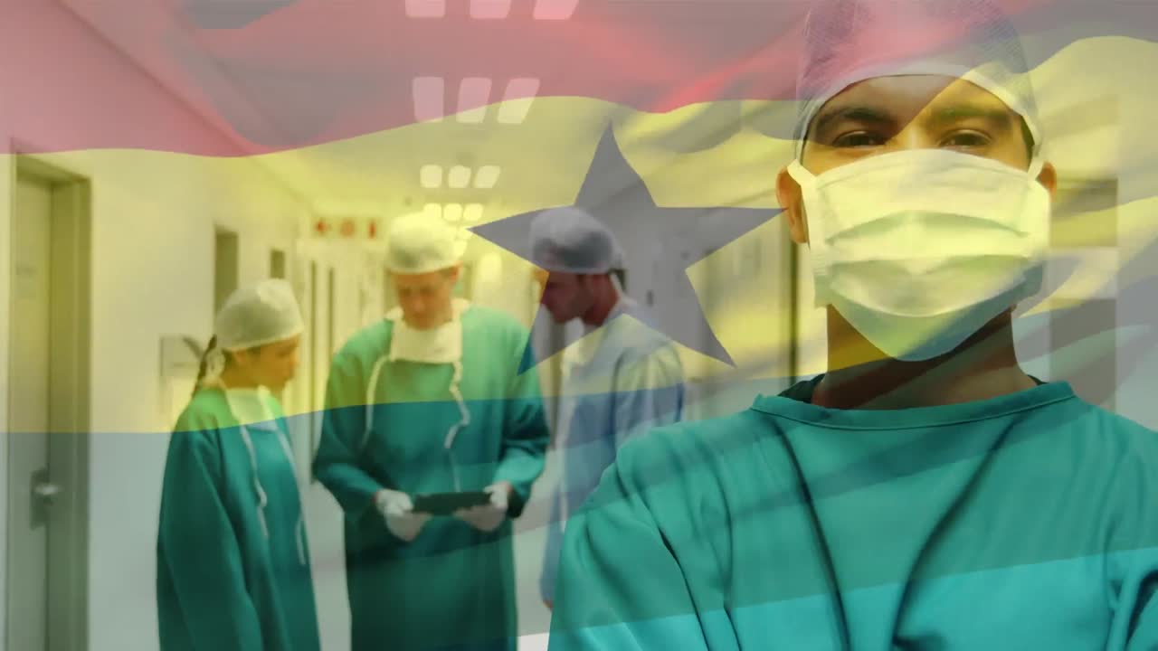 Animation of flag of ghana waving over surgeons in operating theatre